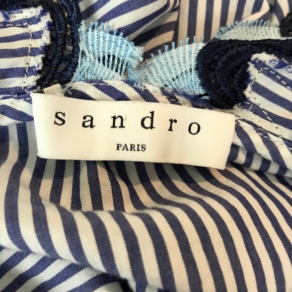 Sandro Paris Blue & White Striped Cotton Blouse With Lace Neck Line Size M - Picture 6 of 7